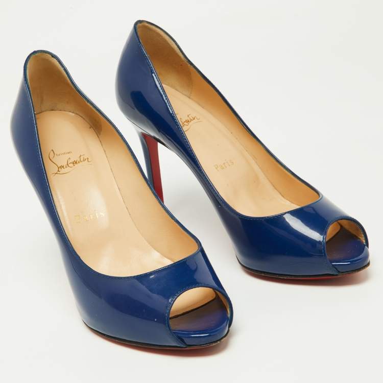 Pre Owned Christian Louboutin Blue Patent Leather Peep-Toe Pumps Size 39