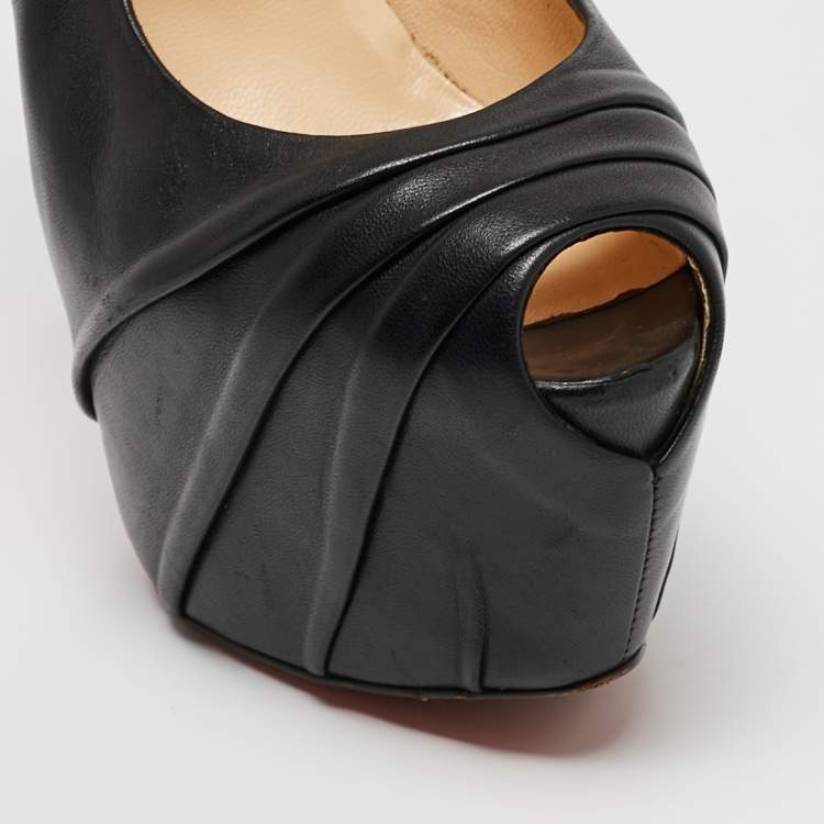 Pre Owned Christian Louboutin Black Leather Highness Peep Toe Pumps Size 38