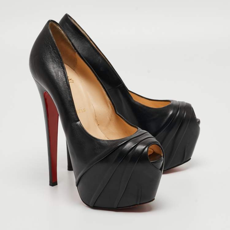 Pre Owned Christian Louboutin Black Leather Highness Peep Toe Pumps Size 38
