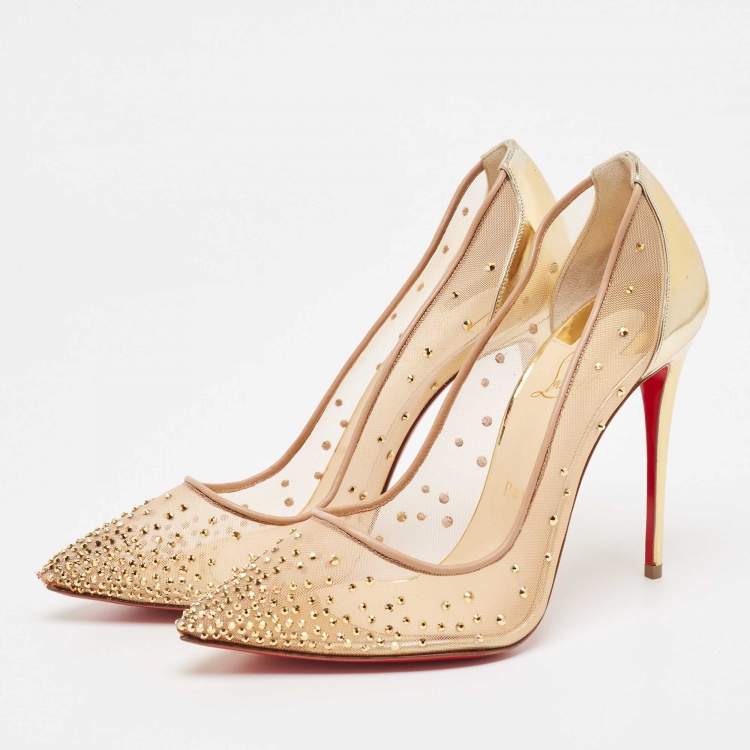 Pre Owned Christian Louboutin Gold Crystal Embellished Leather and Mesh Follies Strass Pumps Size 39