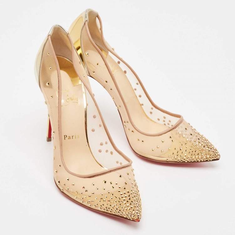 Pre Owned Christian Louboutin Gold Crystal Embellished Leather and Mesh Follies Strass Pumps Size 39
