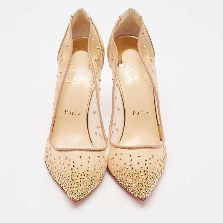 Pre Owned Christian Louboutin Gold Crystal Embellished Leather and Mesh Follies Strass Pumps Size 39