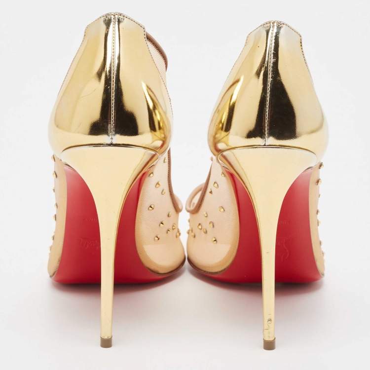 Pre Owned Christian Louboutin Gold Crystal Embellished Leather and Mesh Follies Strass Pumps Size 39