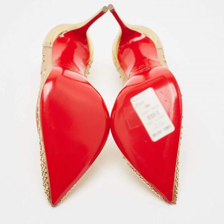 Pre Owned Christian Louboutin Gold Crystal Embellished Leather and Mesh Follies Strass Pumps Size 39
