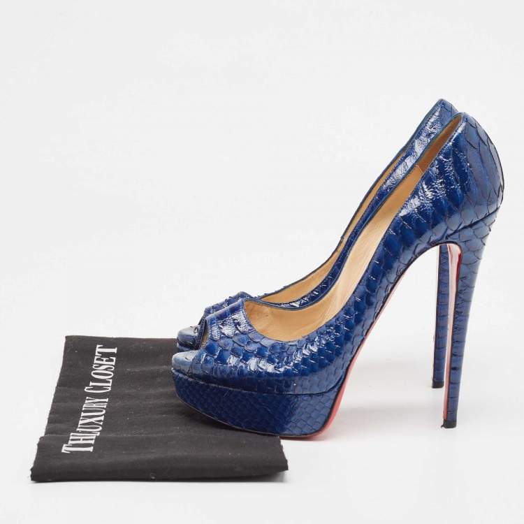 Pre Owned Christian Louboutin Blue Python Lady Peep Pumps Size 39.5