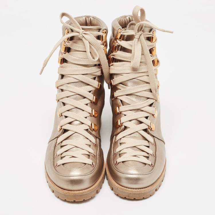 Pre Owned Christian Louboutin Metallic Gold Leather Combat Boots Size 41