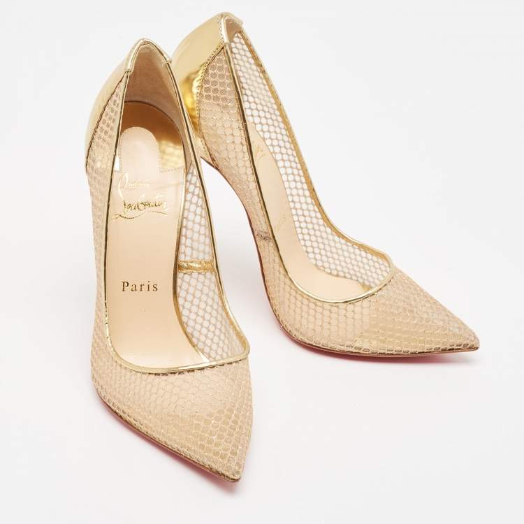 Pre Owned Christian Louboutin Gold Leather and Mesh Follies Resille Pumps Size 39