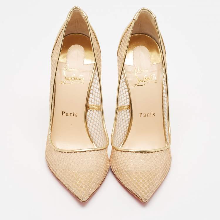 Pre Owned Christian Louboutin Gold Leather and Mesh Follies Resille Pumps Size 39