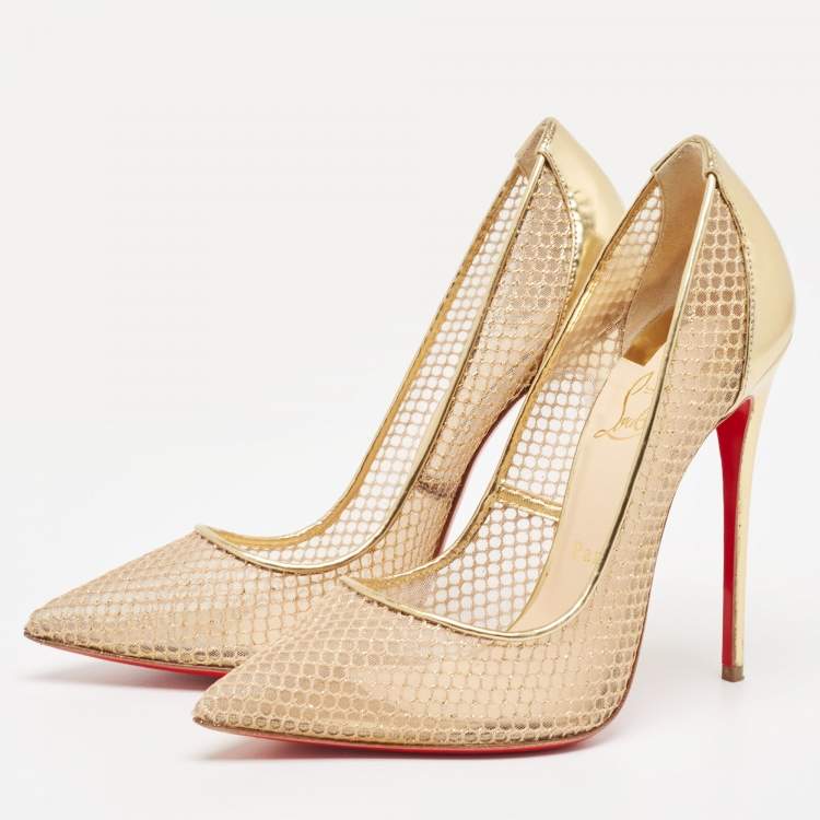 Pre Owned Christian Louboutin Gold Leather and Mesh Follies Resille Pumps Size 39