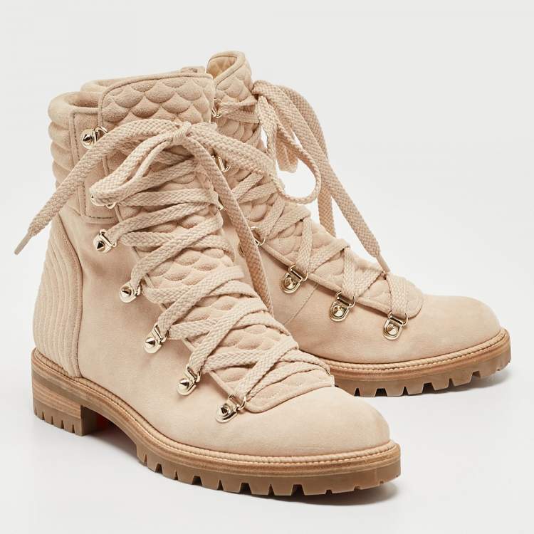 Pre Owned Christian Louboutin Beige Quilted Suede Mad Combat Boots Size 39