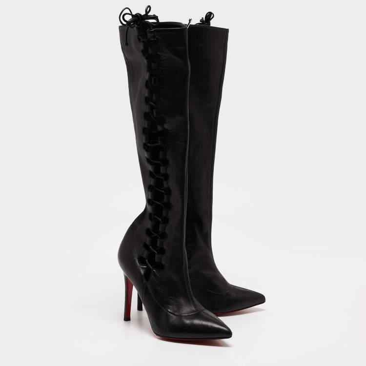 Pre Owned Christian Louboutin Black Leather Sempre Knee Length Boots Size 37