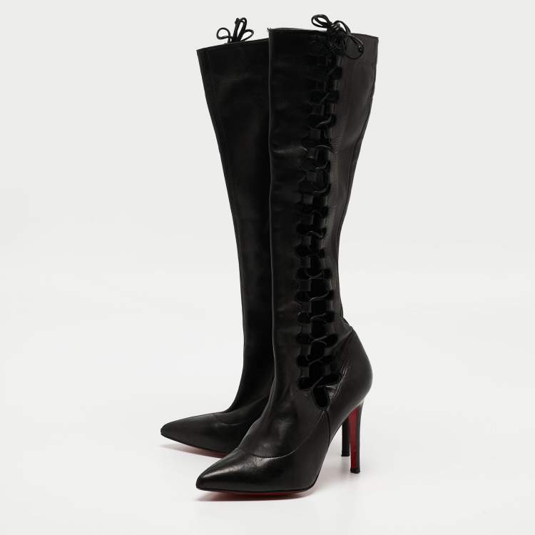 Pre Owned Christian Louboutin Black Leather Sempre Knee Length Boots Size 37