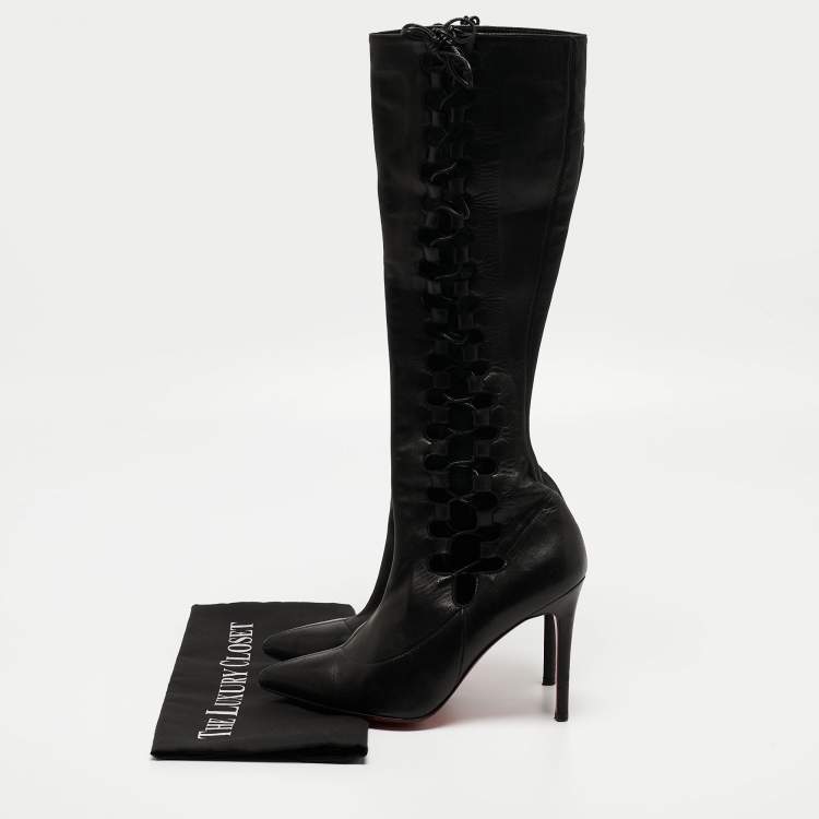 Pre Owned Christian Louboutin Black Leather Sempre Knee Length Boots Size 37