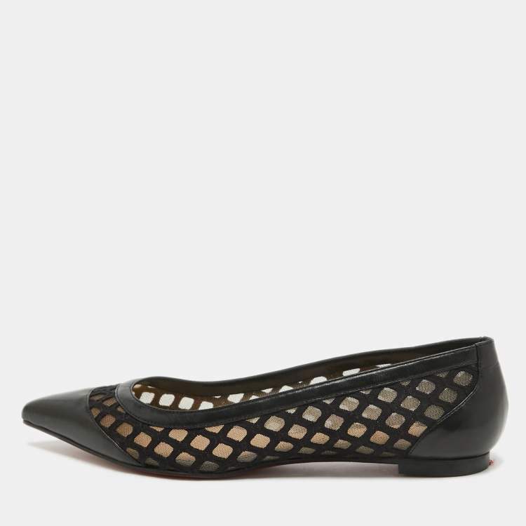 Pre Owned Christian Louboutin Black Leather and Lace Pointed Toe Ballet Flats Size 36.5