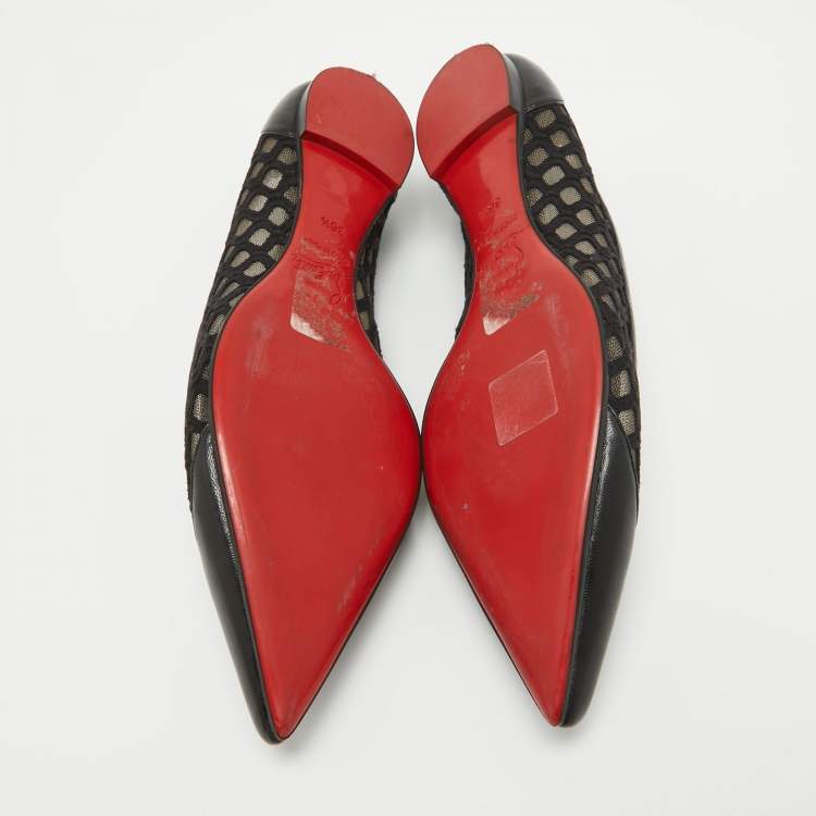 Pre Owned Christian Louboutin Black Leather and Lace Pointed Toe Ballet Flats Size 36.5
