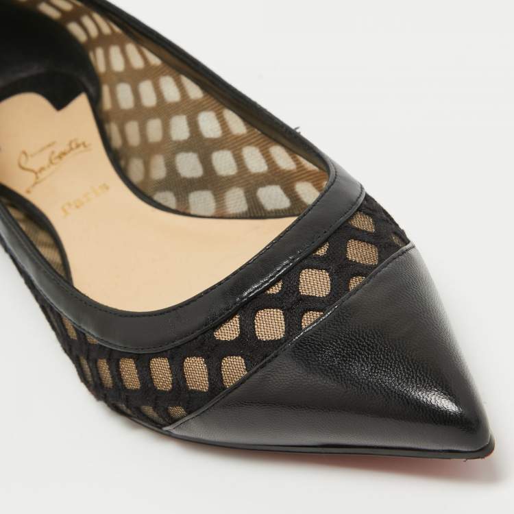 Pre Owned Christian Louboutin Black Leather and Lace Pointed Toe Ballet Flats Size 36.5