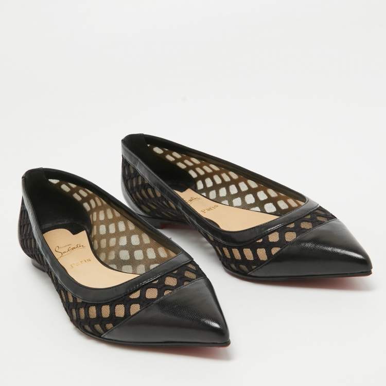 Pre Owned Christian Louboutin Black Leather and Lace Pointed Toe Ballet Flats Size 36.5