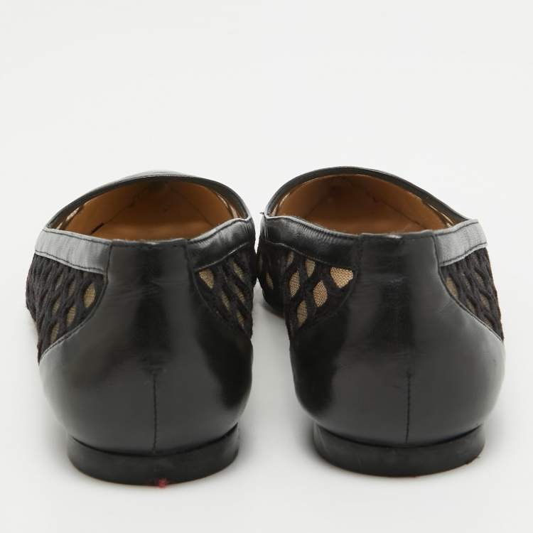 Pre Owned Christian Louboutin Black Leather and Lace Pointed Toe Ballet Flats Size 36.5