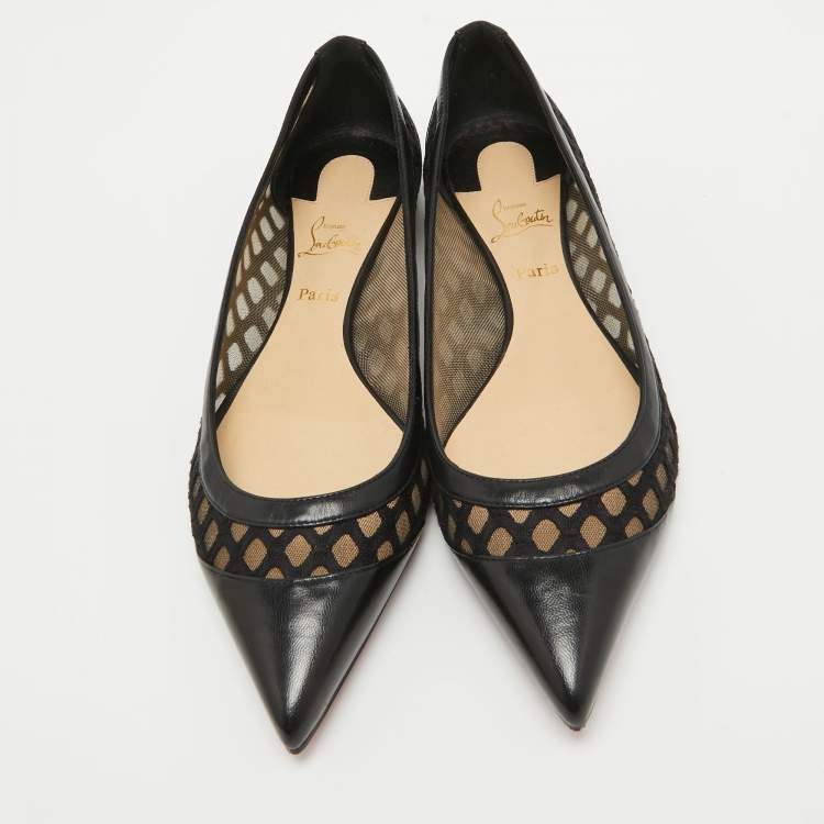 Pre Owned Christian Louboutin Black Leather and Lace Pointed Toe Ballet Flats Size 36.5