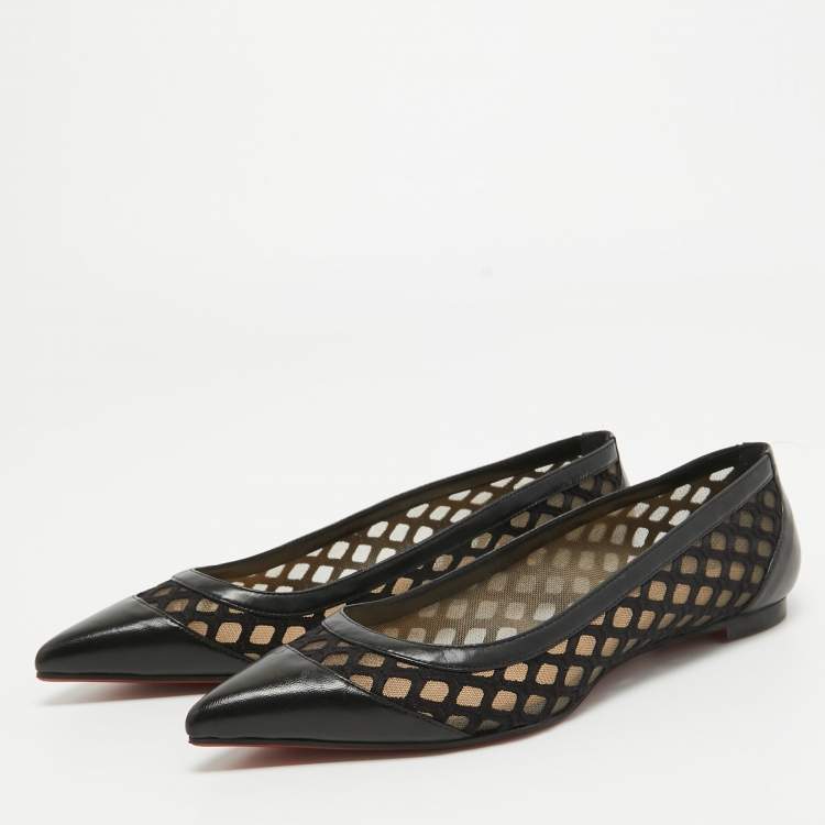 Pre Owned Christian Louboutin Black Leather and Lace Pointed Toe Ballet Flats Size 36.5