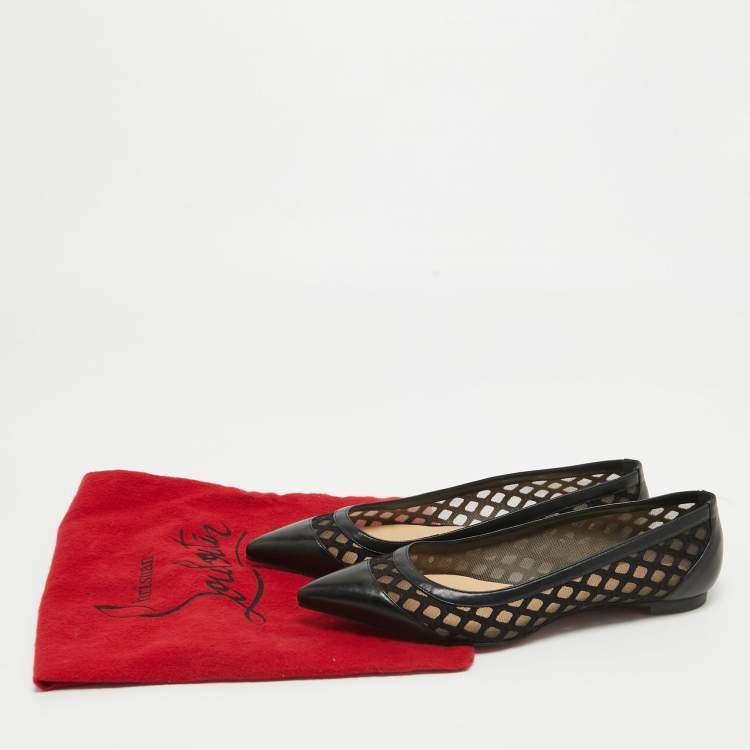 Pre Owned Christian Louboutin Black Leather and Lace Pointed Toe Ballet Flats Size 36.5