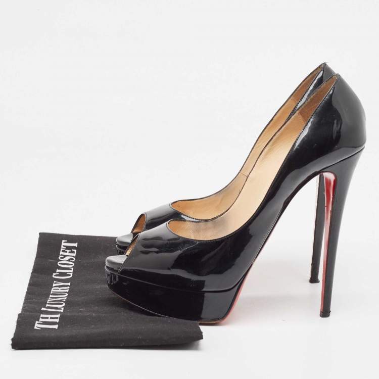 Pre Owned Christian Louboutin Black Patent Leather Lady Peep Pumps Size 40.5