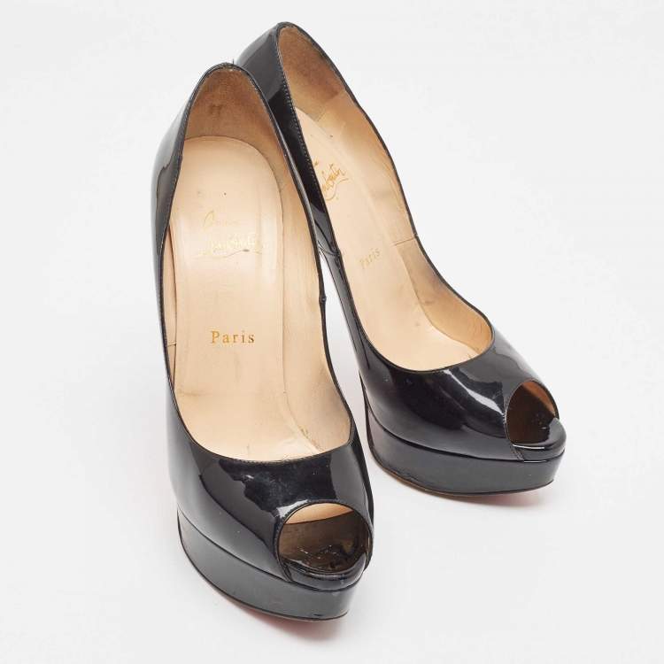 Pre Owned Christian Louboutin Black Patent Leather Lady Peep Pumps Size 40.5