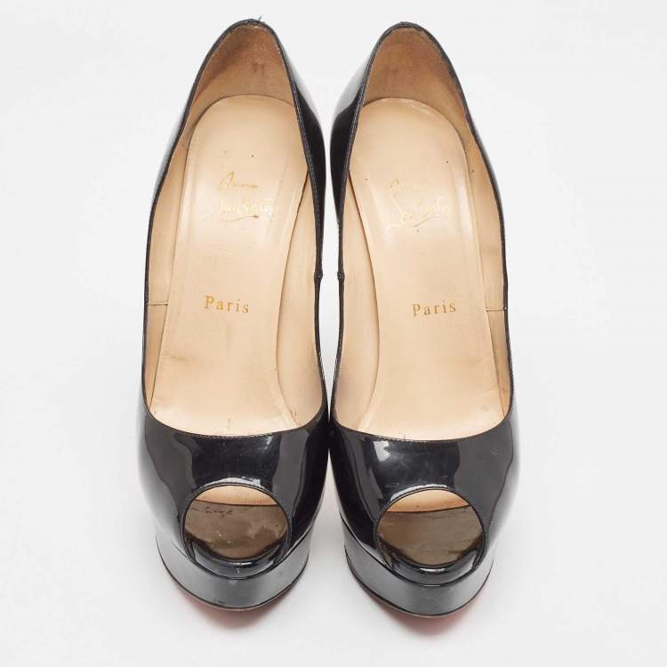 Pre Owned Christian Louboutin Black Patent Leather Lady Peep Pumps Size 40.5
