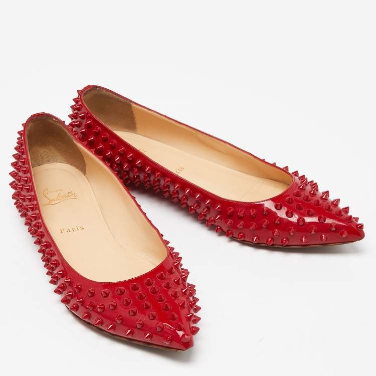Pre Owned Christian Louboutin Red Patent Leather Pigalle Spikes Ballet Flats Size 41.5 