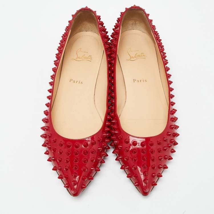Pre Owned Christian Louboutin Red Patent Leather Pigalle Spikes Ballet Flats Size 41.5 