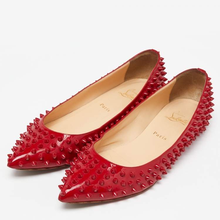 Pre Owned Christian Louboutin Red Patent Leather Pigalle Spikes Ballet Flats Size 41.5 