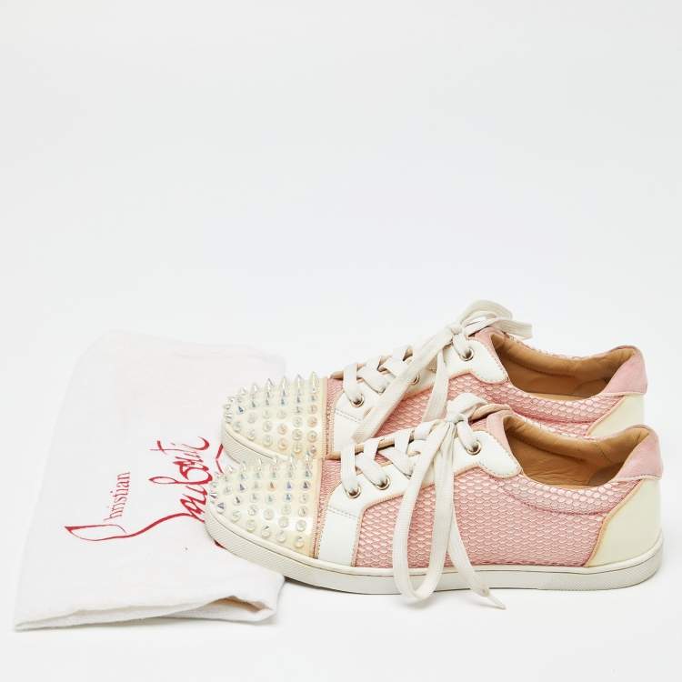 Pre Owned Christian Louboutin Pink Mesh And Patent Leather Spiked Louis Junior Sneakers Size 39.5