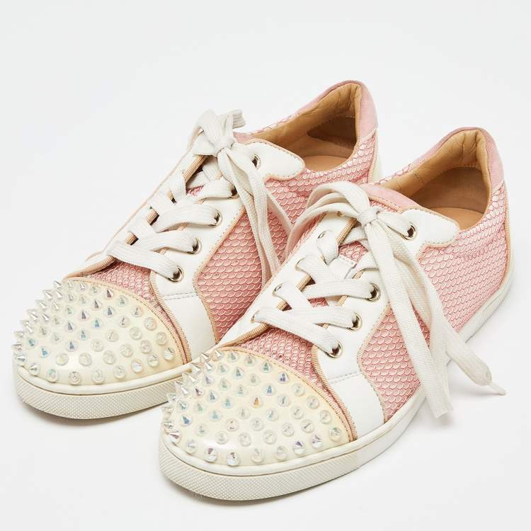 Pre Owned Christian Louboutin Pink Mesh And Patent Leather Spiked Louis Junior Sneakers Size 39.5