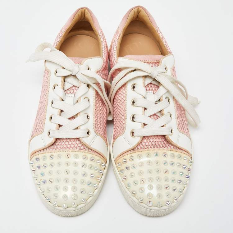 Pre Owned Christian Louboutin Pink Mesh And Patent Leather Spiked Louis Junior Sneakers Size 39.5