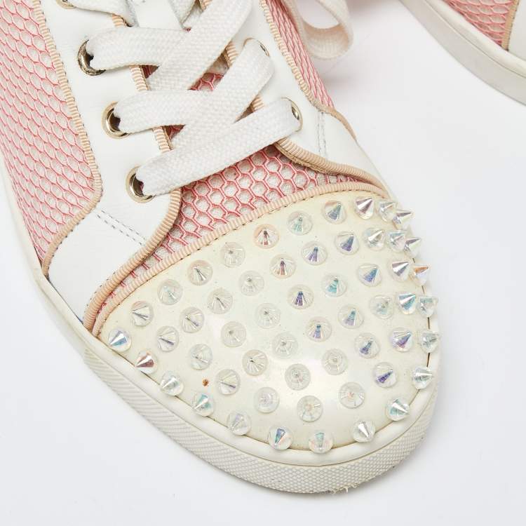 Pre Owned Christian Louboutin Pink Mesh And Patent Leather Spiked Louis Junior Sneakers Size 39.5