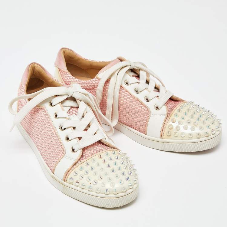 Pre Owned Christian Louboutin Pink Mesh And Patent Leather Spiked Louis Junior Sneakers Size 39.5
