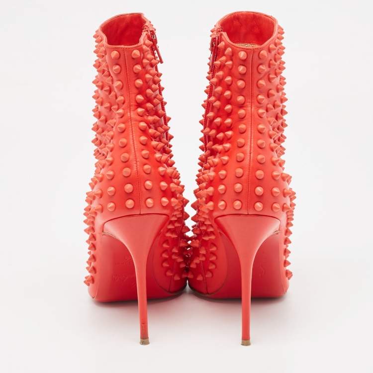Pre Owned Christian Louboutin  Red Leather Studded Ankle Boots Size 39