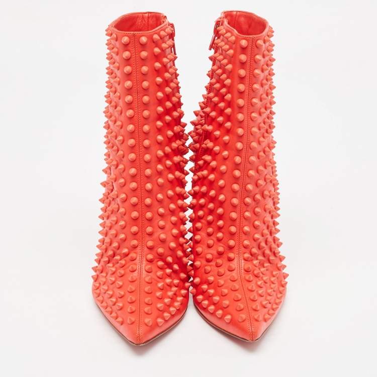 Pre Owned Christian Louboutin  Red Leather Studded Ankle Boots Size 39