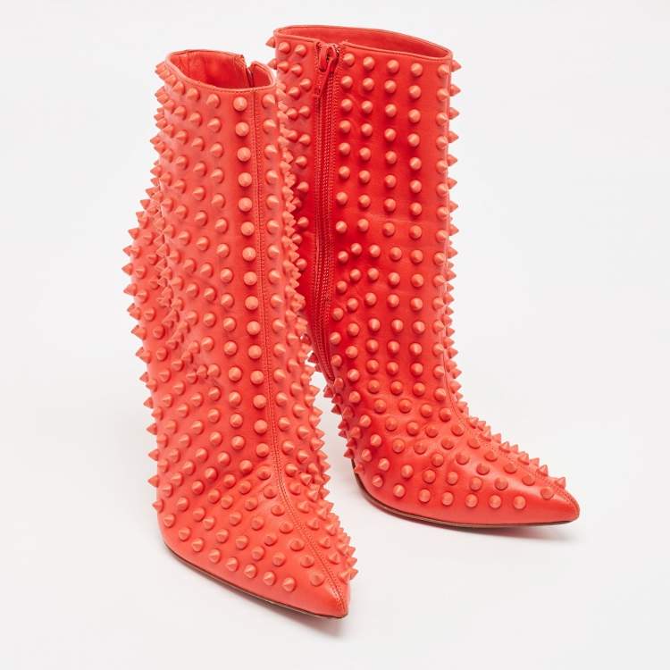 Pre Owned Christian Louboutin  Red Leather Studded Ankle Boots Size 39