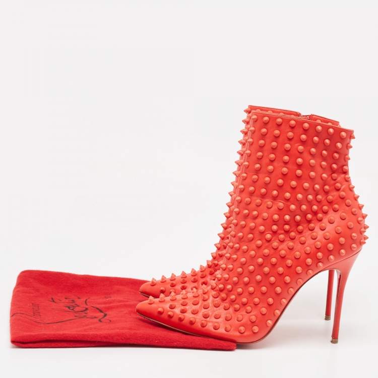 Pre Owned Christian Louboutin  Red Leather Studded Ankle Boots Size 39