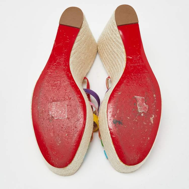 Pre Owned Christian Louboutin Multicolor Fabric Strappy Wedge Espadrille Platform Sandals Size 37
