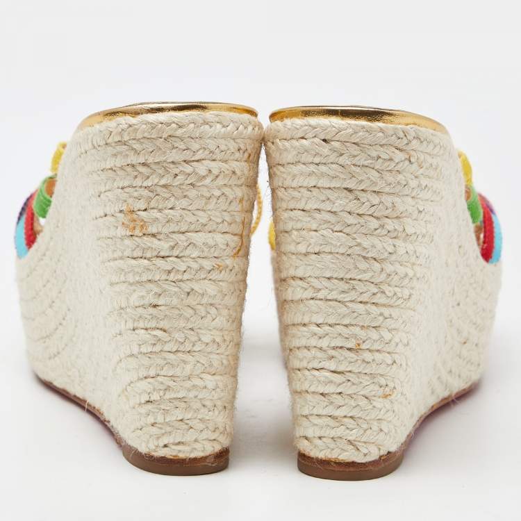 Pre Owned Christian Louboutin Multicolor Fabric Strappy Wedge Espadrille Platform Sandals Size 37