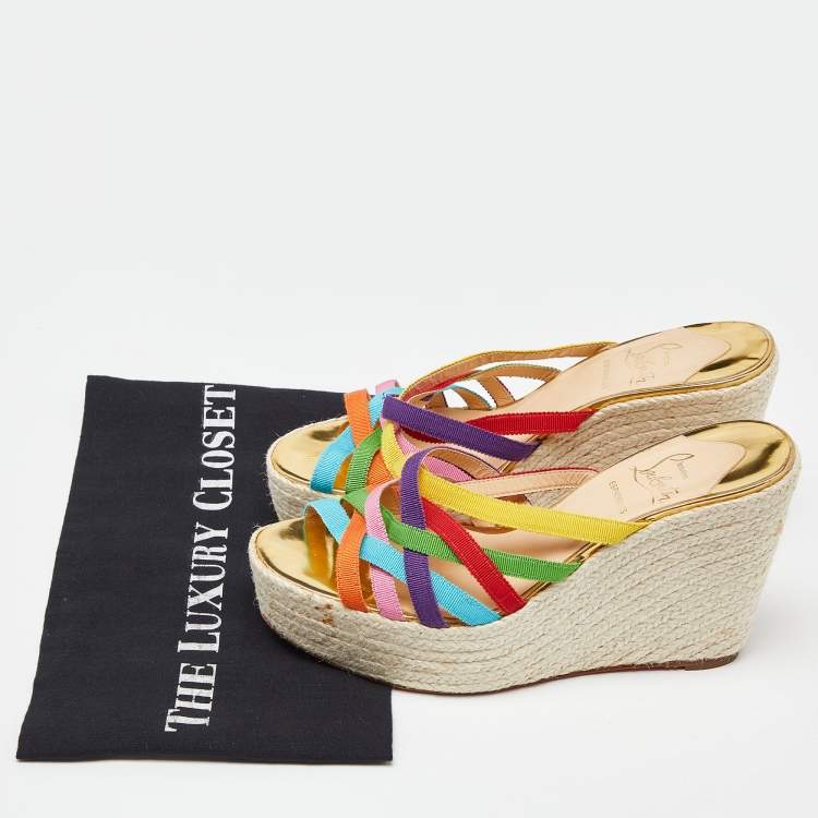 Pre Owned Christian Louboutin Multicolor Fabric Strappy Wedge Espadrille Platform Sandals Size 37