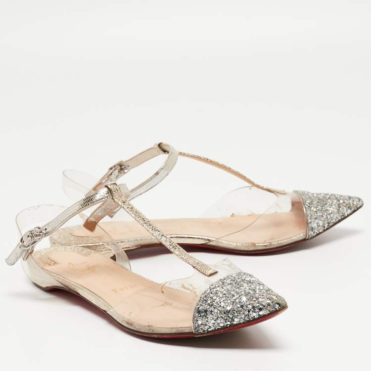 Pre Owned Christian Louboutin Silver/Gold Coarse Glitter and PVC Nosy T-Strap Flats Size 37.5