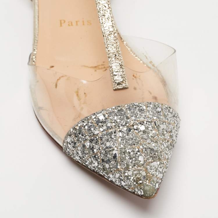 Pre Owned Christian Louboutin Silver/Gold Coarse Glitter and PVC Nosy T-Strap Flats Size 37.5