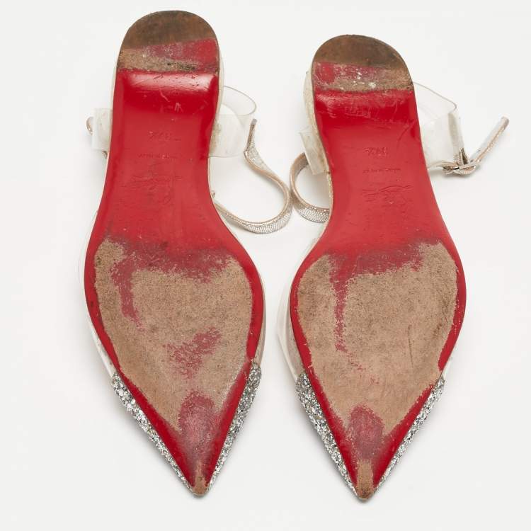 Pre Owned Christian Louboutin Silver/Gold Coarse Glitter and PVC Nosy T-Strap Flats Size 37.5