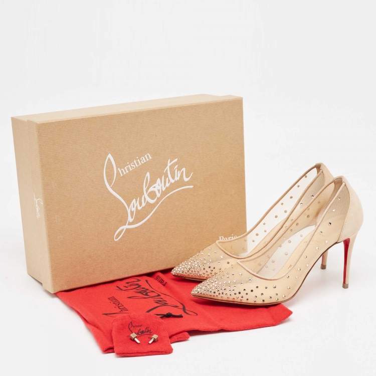Pre Owned Christian Louboutin Beige Mesh and Suede Follies Strass Pumps Size 37