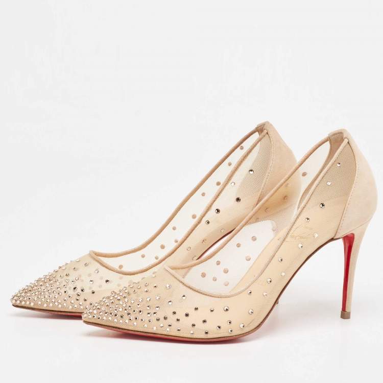 Pre Owned Christian Louboutin Beige Mesh and Suede Follies Strass Pumps Size 37