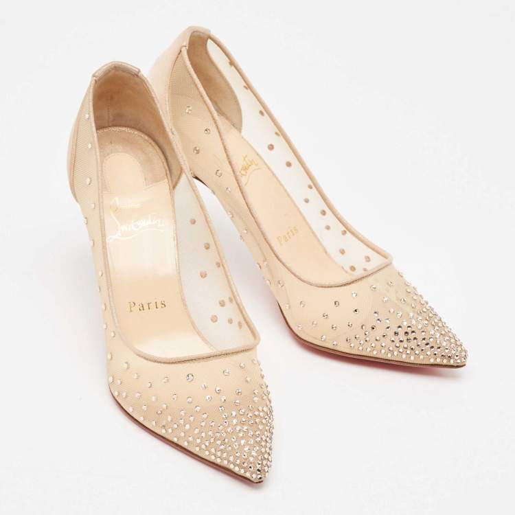 Pre Owned Christian Louboutin Beige Mesh and Suede Follies Strass Pumps Size 37