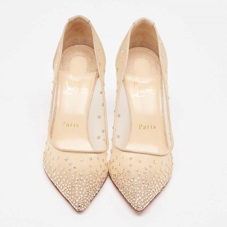 Pre Owned Christian Louboutin Beige Mesh and Suede Follies Strass Pumps Size 37